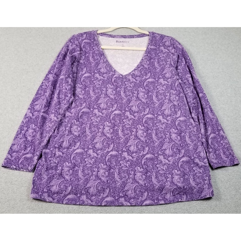Roaman's Top Women 12 S Purple Paisley Scroll Long Sleeve Cotton T Shirt Stretch
